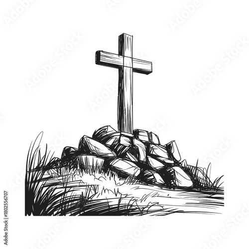 Rustic wooden cross on a rocky grave marker