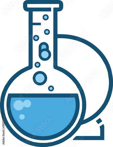 A set of stylized chemistry lab illustrations featuring flasks, test tubes, and experimental setups with colorful liquids and vapor