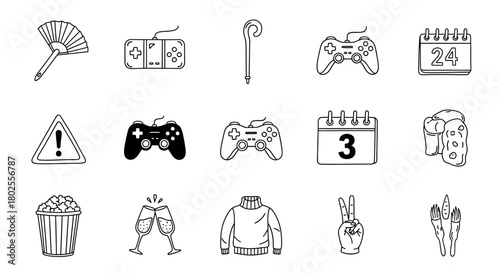 Minimalist icon set featuring gaming controllers, calendars, and everyday objects