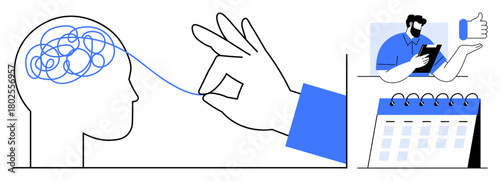 Hand untangling brain, man with tablet giving approval, and calendar highlighting clarity, organization, focus. Ideal for problem-solving, mental clarity, productivity, self-help goal setting