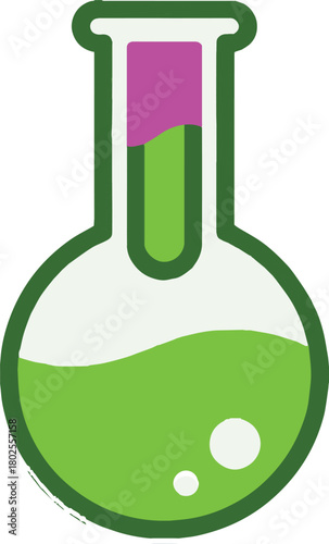 A set of stylized chemistry lab illustrations featuring flasks, test tubes, and experimental setups with colorful liquids and vapor