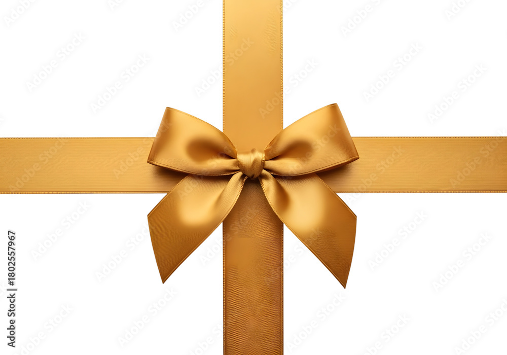 Fototapeta premium Golden satin ribbon tied in a bow forming a cross shape on a dark background isolated on a transparent background