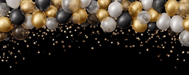 Elegant balloons in gold, silver and black with confetti falling on a black background, concept for party decorations, holiday celebrations and glamorous events