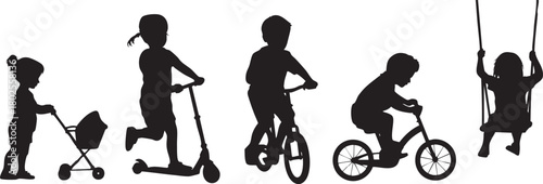 Children silhouettes engaging in outdoor activities like riding and playing on swing