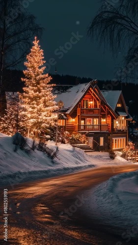 A house with a Christmas tree in front of it. The house is surrounded by snow and the street is lit up. Scene is warm and festive
