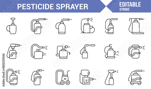 Minimal Vector Line Icons of Garden and Farm Sprayer Equipment
