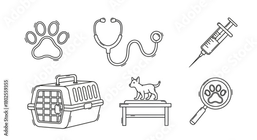 Line art veterinary icons: stethoscope, pet carrier, dog, paw print, syringe