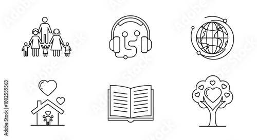 Simple linear icons of family, technology, global communication, love, learning, nature