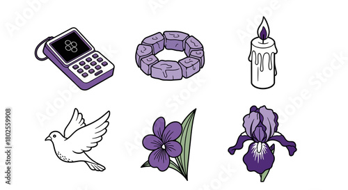Purple aesthetic: candle, floral elements, vintage tech, and bird in mixed style