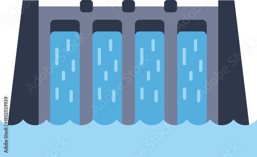 Hydroelectric dam generating power and electricity with water flowing through the gates