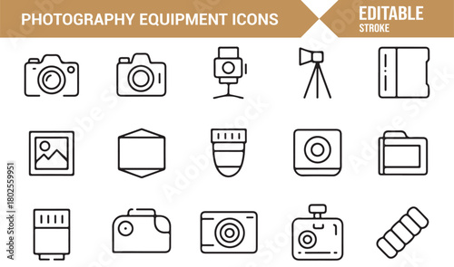Clean Vector Icons Representing Cameras, Lenses, and Studio Accessories