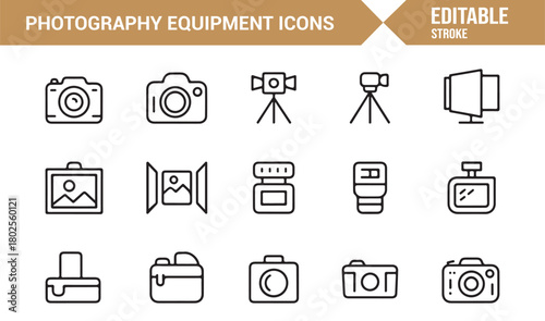 Outline Set of Photo Equipment Including Tripods, Lights, and Digital Cameras