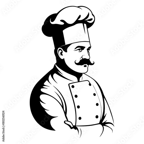 Side view chef bust vector vintage culinary character for food festival branding gourmet event marketing and cooking competitions