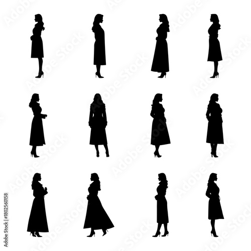 Women side profiles wearing coats vector set for fashion catalog layouts outerwear branding and seasonal marketing campaigns