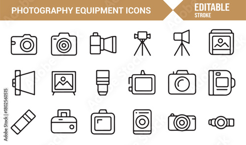 Minimal Linear Icons of Professional Photography Cameras, Lenses, and Studio Tools