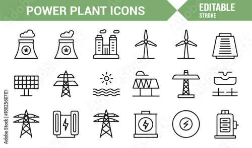 Mixed Energy Source Power Plant Icons in Minimal Vector Linework