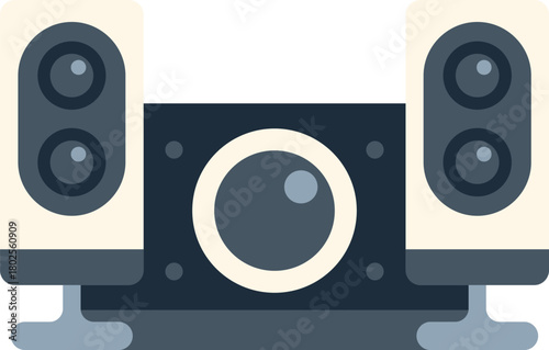 Audio system playing loud music with two speakers and subwoofer for home entertainment