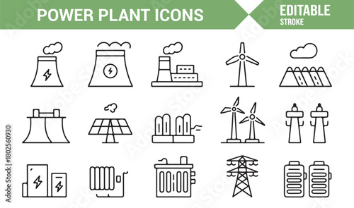 Modern Linear Icons of Solar, Wind, Hydro, and Nuclear Power Facilities
