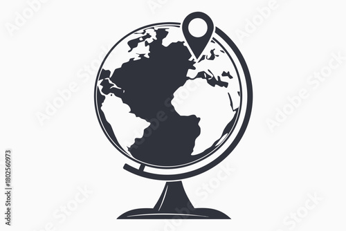 Dark solid globe illustration displaying continents with a location pin, on a stand
