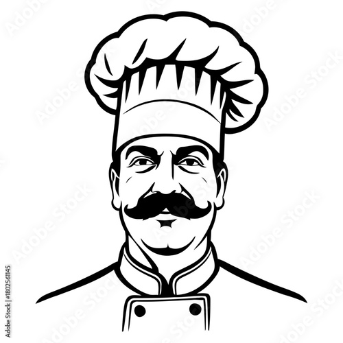 Chef face front portrait vector classic hat moustache silhouette for cooking show branding food media and television promotions