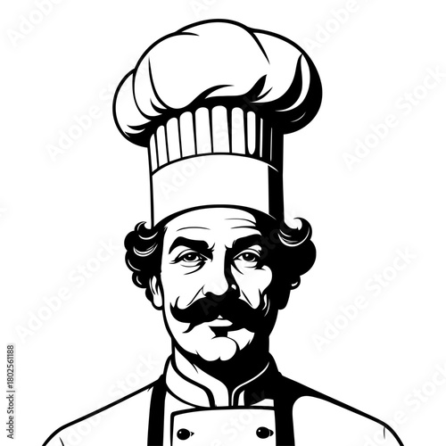 Front facing chef portrait vector vintage culinary icon for gourmet product packaging food labels and specialty item branding