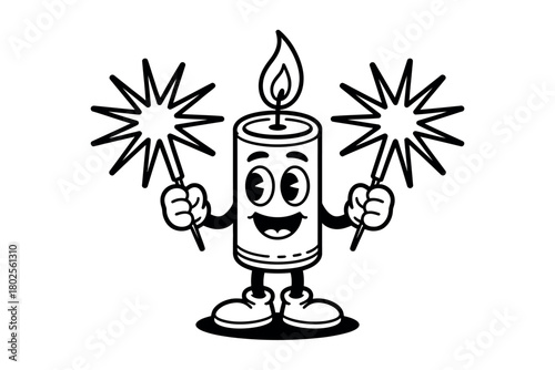 A cartoon candle with a face, arms, and legs holds two sparklers with excitement.