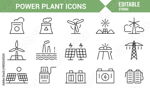 Energy Production and Power Plant Illustration Set in Thin Line Style
