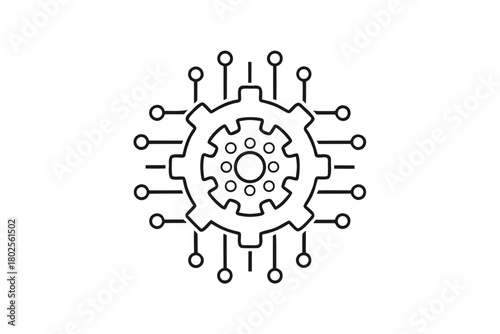 Depicts a black outlined gear surrounded by electronic circuits on a white background