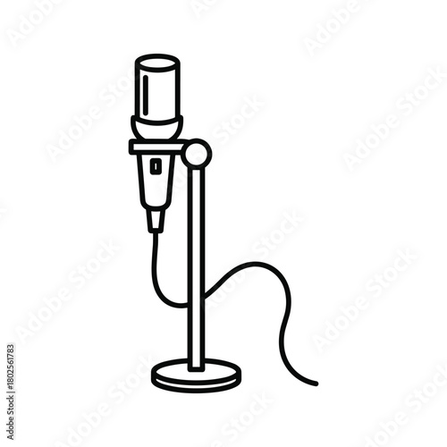 Professional studio microphone on a stand with cable, minimalist outline icon, audio recording equipment illustration
