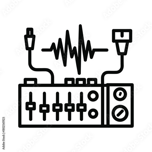 Audio mixer icon with sound wave and connected cables illustrating music production, sound engineering, and recording studio technology