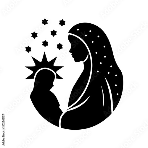 vector illustration of mary and child under star 