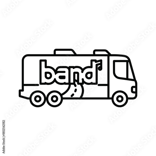 Outline illustration of a band touring van with a musical note detail. minimalist icon representing music travel and entertainment.