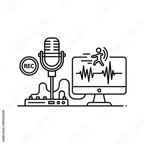 Digital audio production setup icon: microphone, mixer, computer with waveform, and recording indicator for podcasting