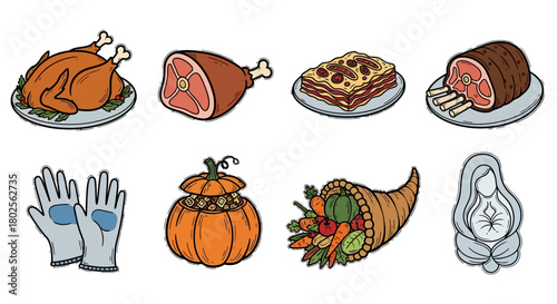 Thanksgiving feast and harvest icons: turkey, ham, lasagna, and harvest elements