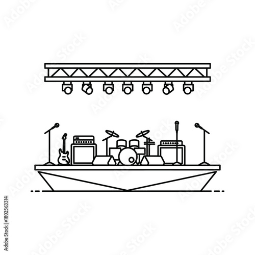 Line art illustration of a concert stage with drum set, guitars, microphones, amplifiers, and overhead spotlights for live music events