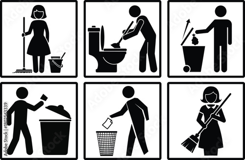 Set of six pictograms illustrating different cleaning and hygiene tasks