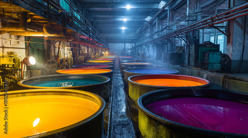Textile dyeing factory, giant dye baths, colorful liquid vats, steam rising, industrial pipes, warm humidity, high-detail fabric processing environment.