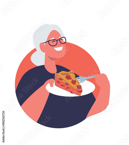 Elderly woman eating jam pie