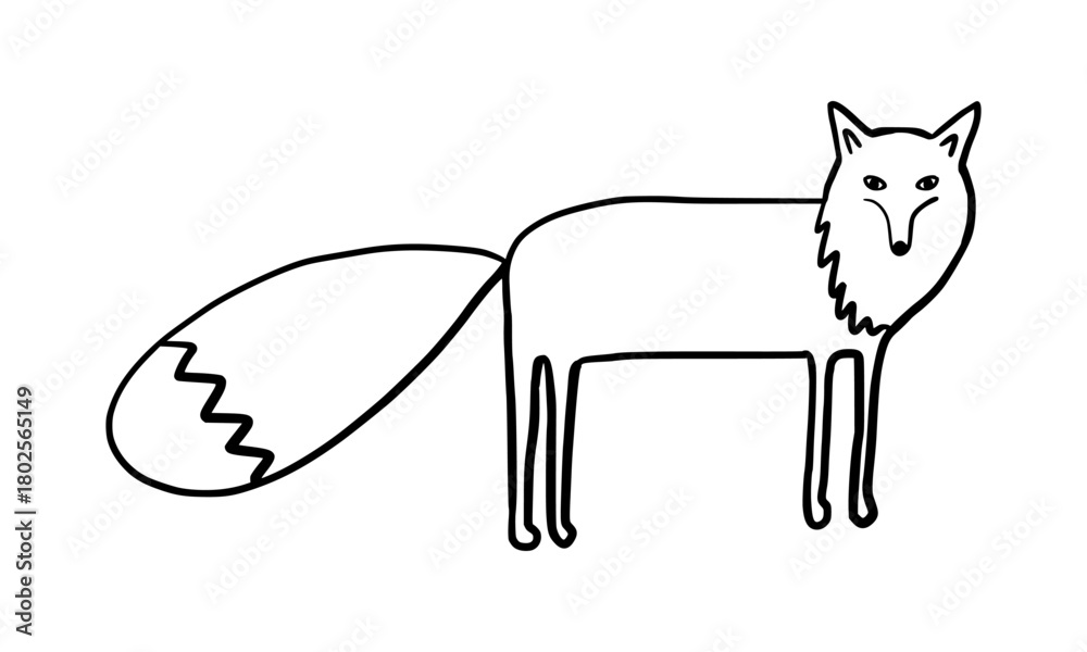 Fototapeta premium Fox doodle. Black hand drawn line contour. Creepy funny character isolated on transparent background.