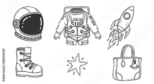 Space exploration elements: helmet, suit, rocket, and accessories in black and white sketch style