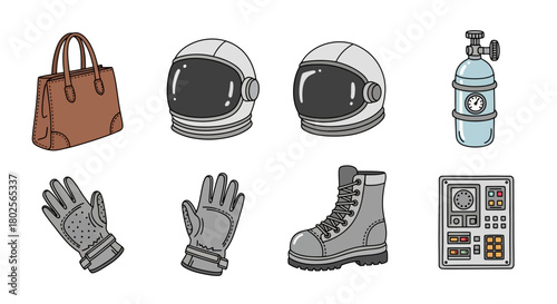 Cartoon space gear and accessories collection with helmet, boots, gloves