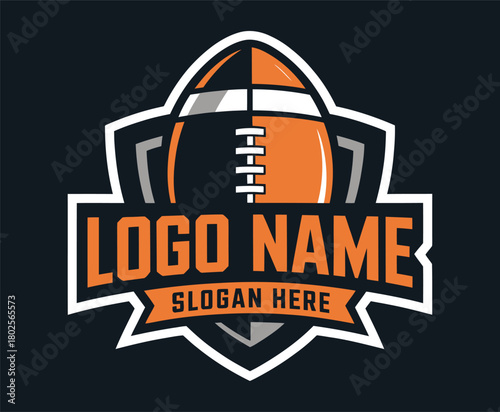 american football logo design featuring a bold rugby emblem for championship templates, club branding, and tournament graphics, presented with a detailed ball illustration on a clean white background.