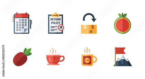 Colorful flat icons collection featuring calendar, return policy, and beverages