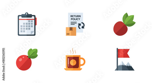 Flat icon set: calendar, return policy, fruits, hot drink, mountain flag