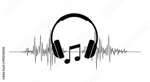 Headphones and music notes with soundwave design in black and white
