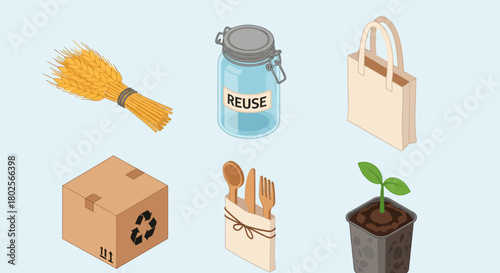 Sustainable living icons: reusable bags, recycling, eco-friendly products
