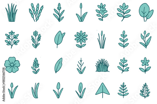 Hand-drawn botanical icon set of leaves, flowers, and stems