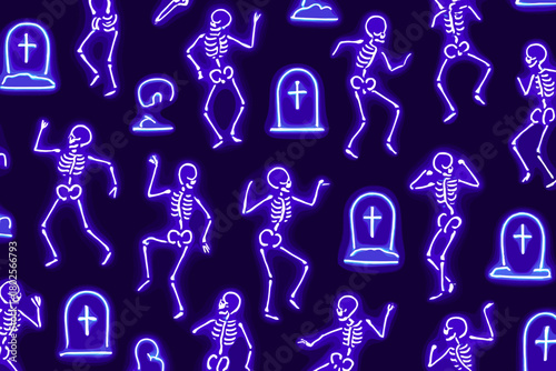 Seamless neon pattern of dancing skeletons and gravestones on dark background