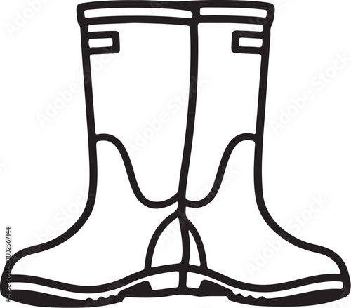 Black and white outline drawing of a pair of tall rubber boots wellington boots rain boots on transparent background