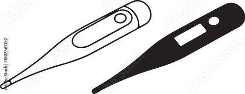 Black and White Outline and Silhouette of Digital Thermometers on White Background medical health on transparent background